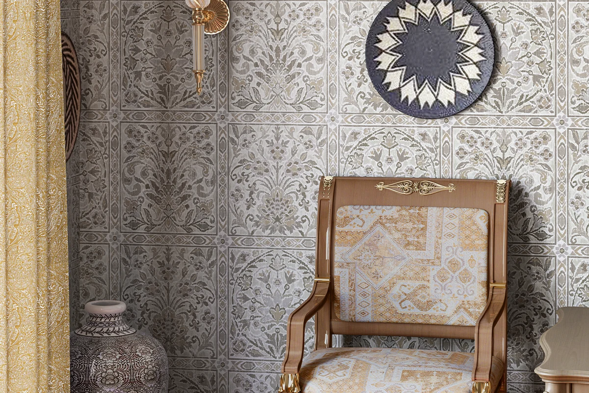 Grey damask wallpaper with classic gilded chair look