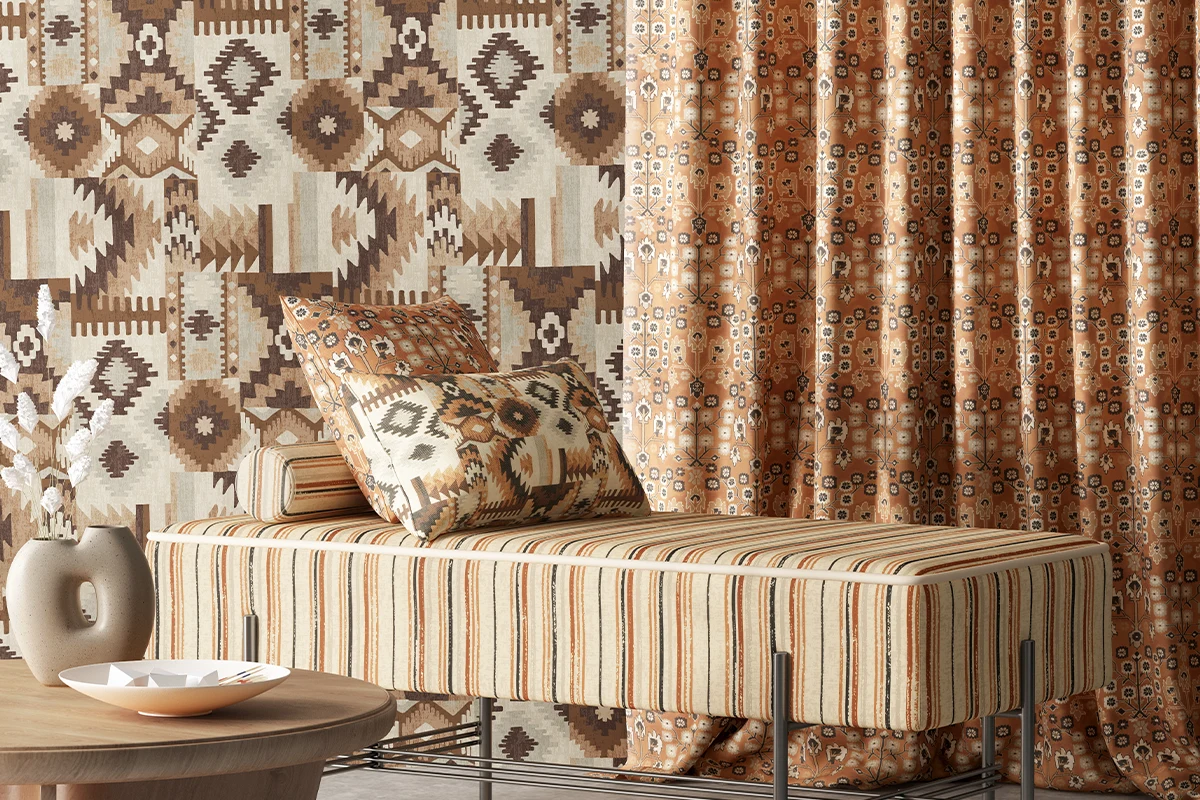 Kilim geometric wallpaper with striped bench look