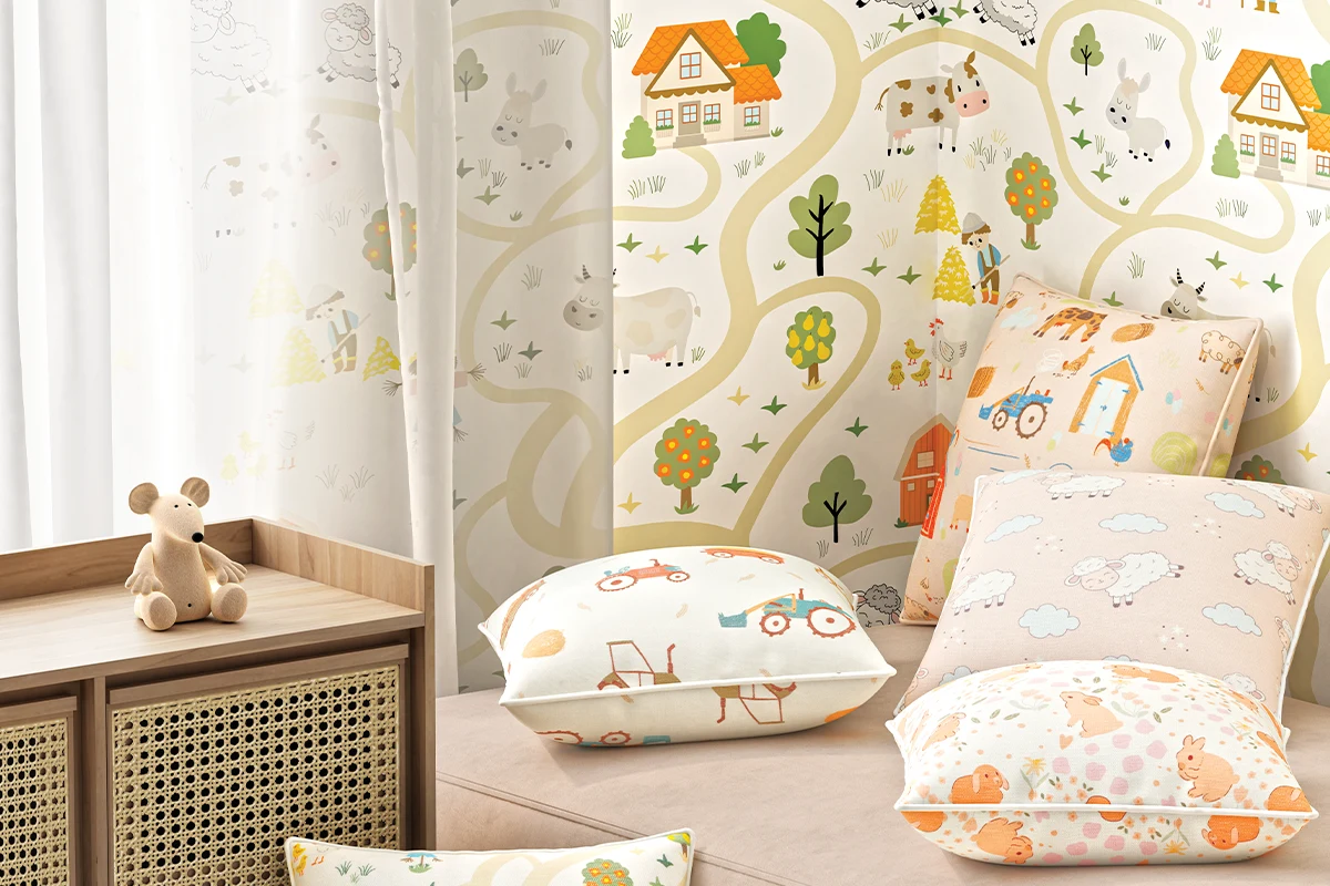 Little Sprouts kids room wallpaper and cushions